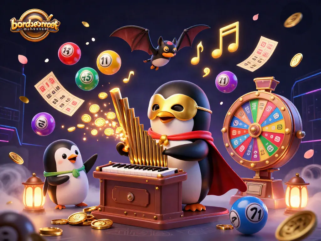 Engage with bordnercolorado in a vibrant 3D casino scene featuring a singing penguin and golden treasures.