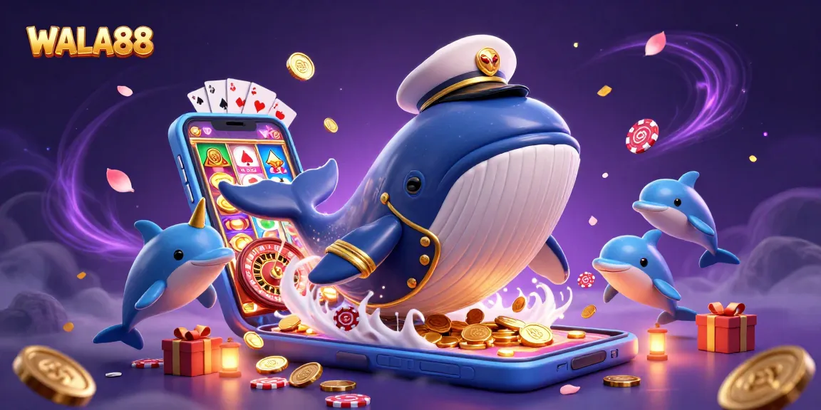 WALA88 captures the excitement of online gambling with lively characters enjoying poker chips and a slot game.