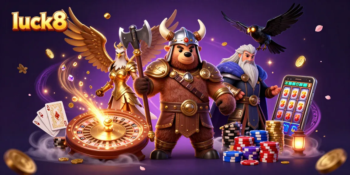 Experience exhilarating luck8 gaming with vibrant characters, golden treasures, and thrilling casino elements.