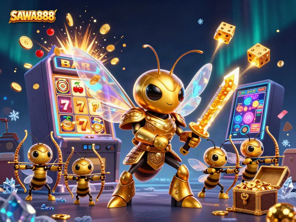 Experience thrilling gaming action with SAWA888’s vibrant slot machine and dynamic characters.