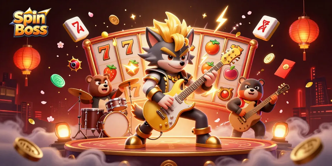 Spin Boss showcases a vibrant casino scene with a rock star wolf and drummer bear, surrounded by slot elements.