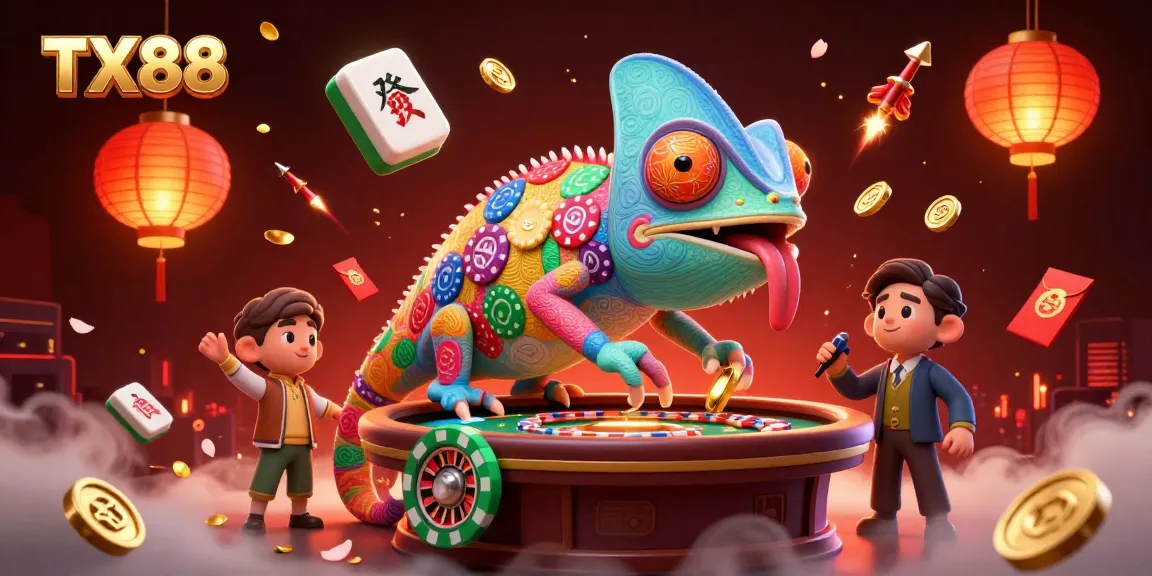 Experience thrilling moments at TX88 with a vibrant chameleon casino owner and festive game elements.