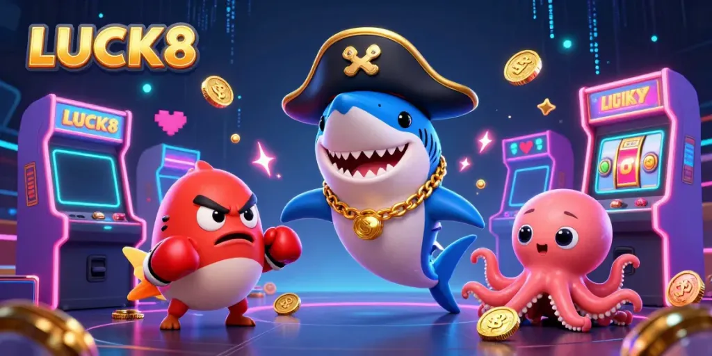Experience the thrilling world of LUCK8 with vibrant 3D characters and casino symbols in an exciting illustration.