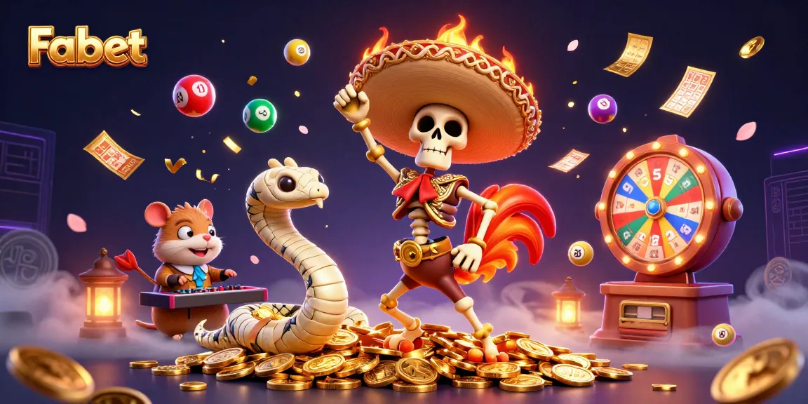 Fabet players enjoying a colorful casino scene with lottery balls and vibrant prizes