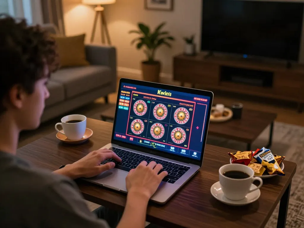 Player enjoying online gaming at Kwin platform on laptop with vibrant graphics and cozy atmosphere