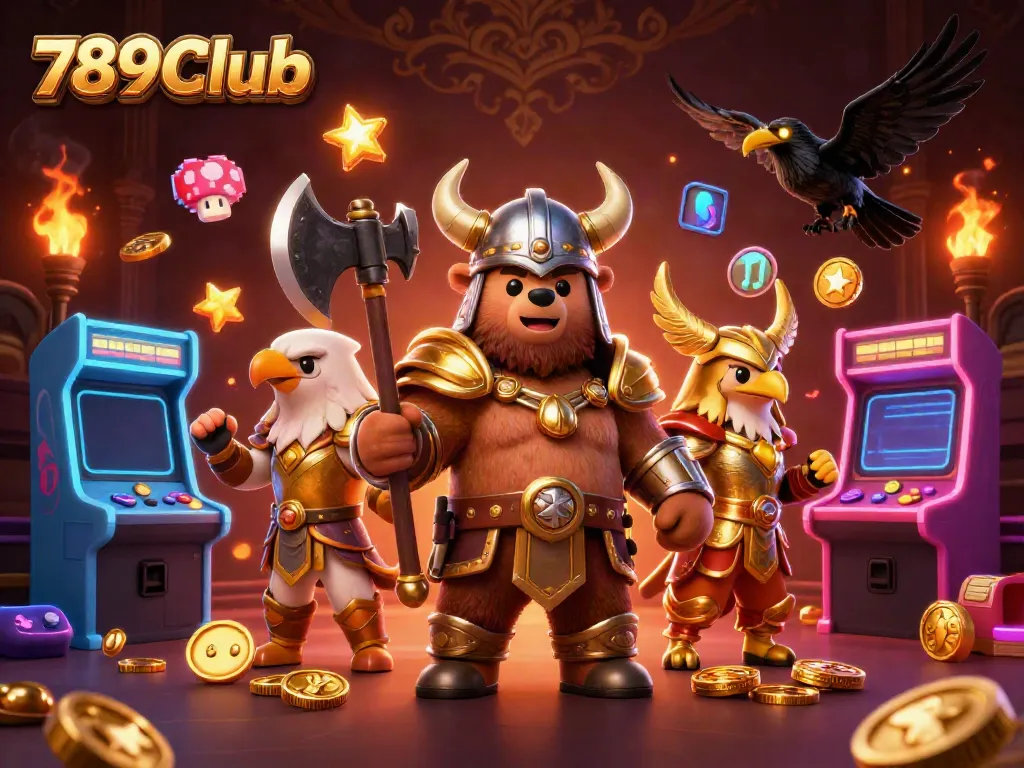 Engage in thrilling adventures with 789Club's vibrant 3D casino scene filled with arcade machines and characters.