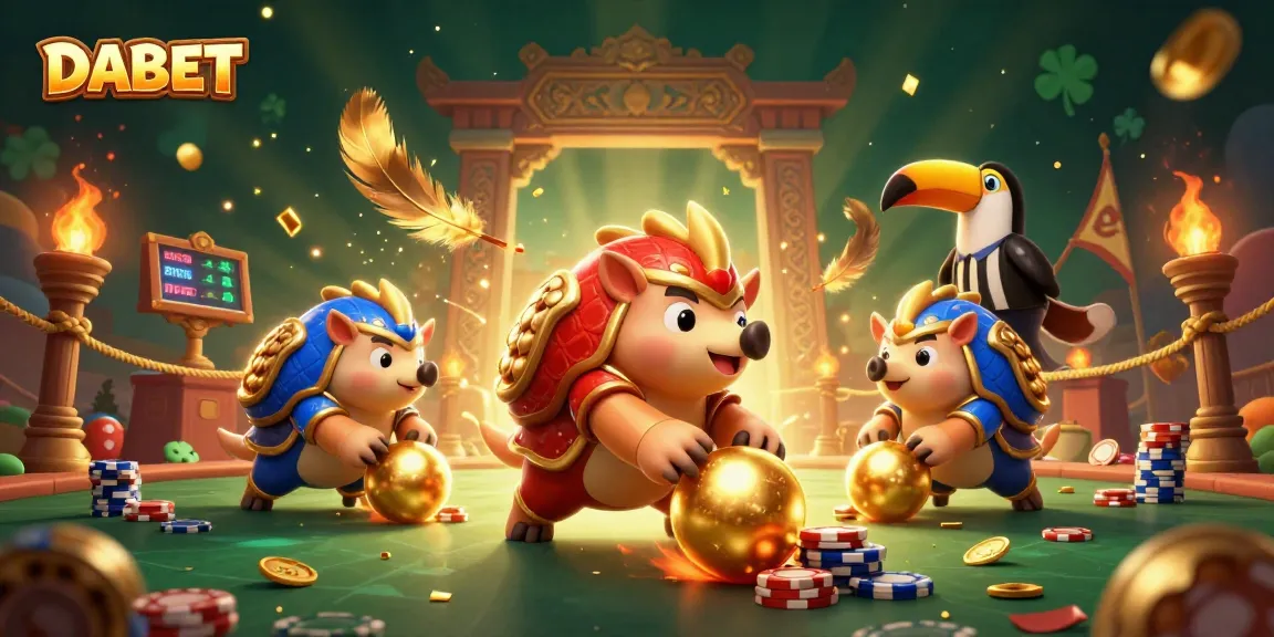 DABET pangolins compete in a vibrant casino atmosphere, rolling golden balls and poker chips.