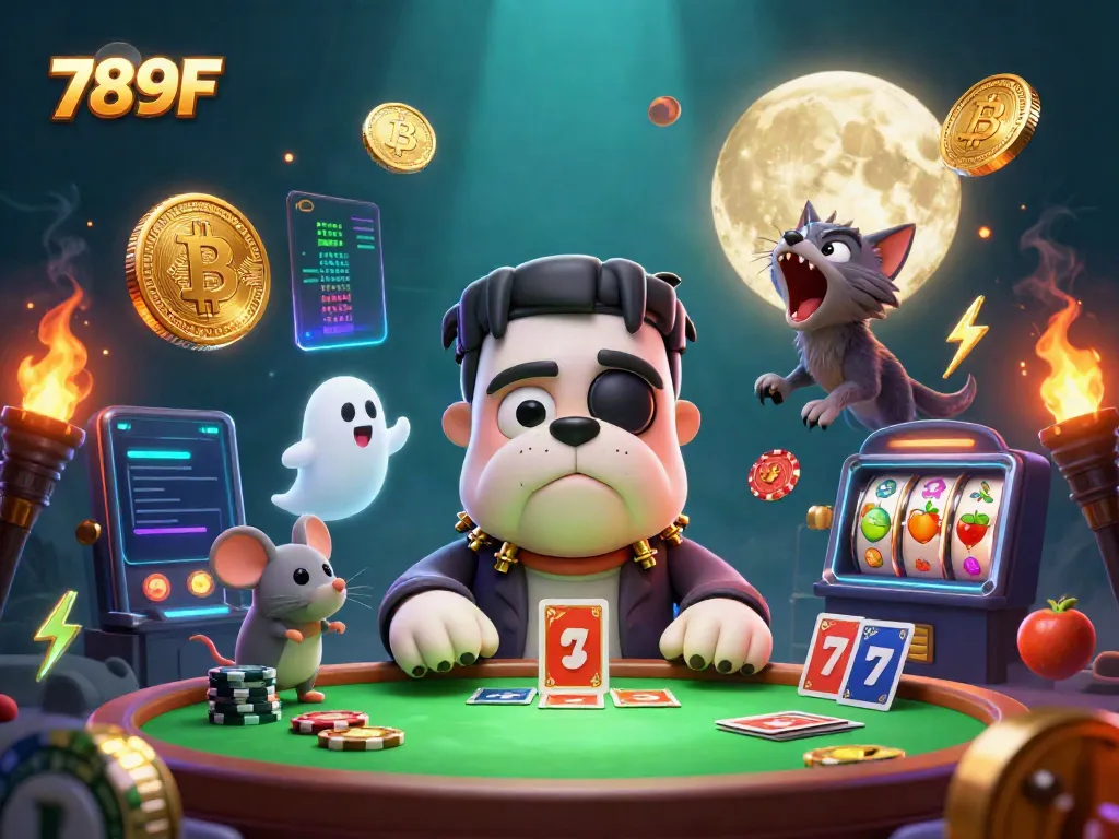 Engage with 789F's vibrant casino scene featuring a 3D cartoon bulldog dealer surrounded by crypto elements.