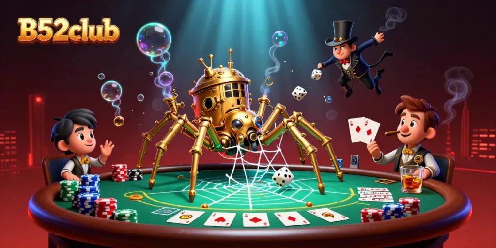 B52club players engaging in a vibrant casino scene with a steampunk spider and poker elements.