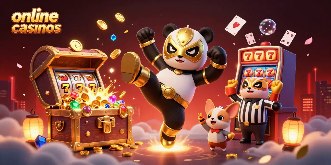 Engage with exciting online casinos showcasing a dynamic scene of a panda wrestler and chihuahua referee amidst slot games and treasures.
