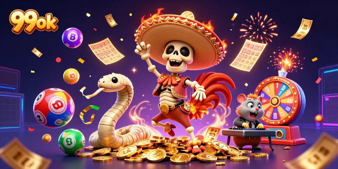 Experience the vibrancy of 99ok with dynamic characters and casino elements in this festive illustration.
