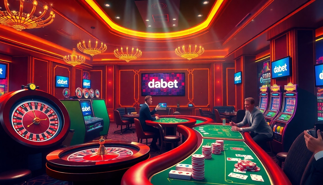 Dabet's online casino interface with roulette and poker elements showcasing a thrilling gambling experience.