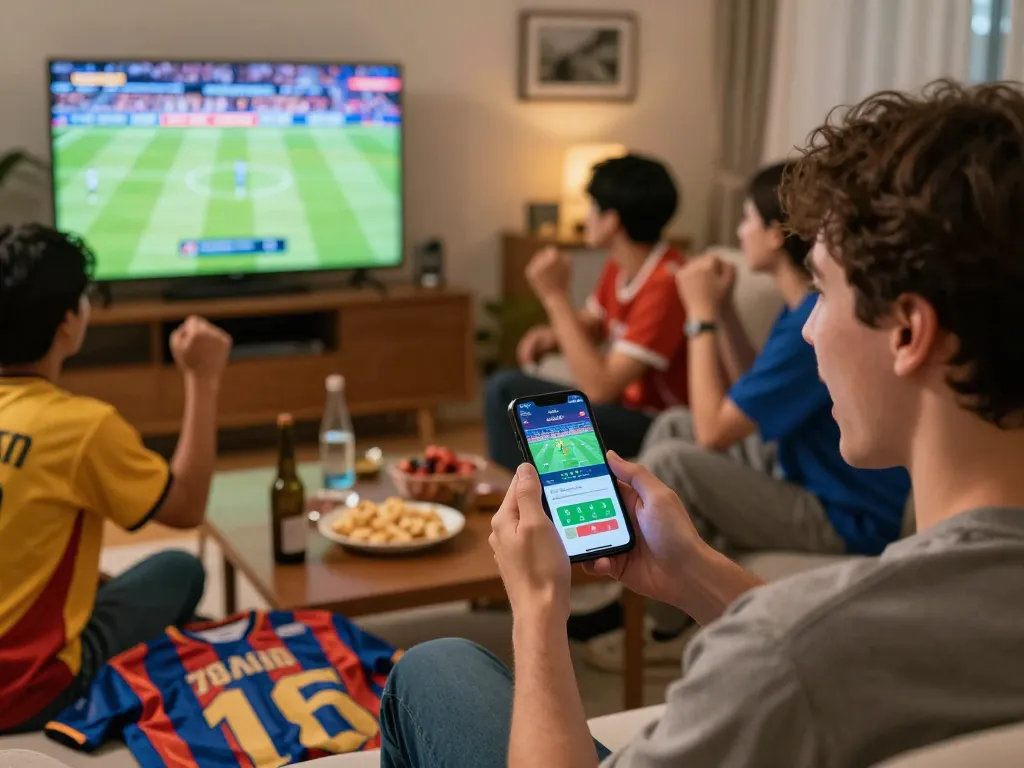 Engaging sports betting action with 78win app on smartphone in a lively home atmosphere