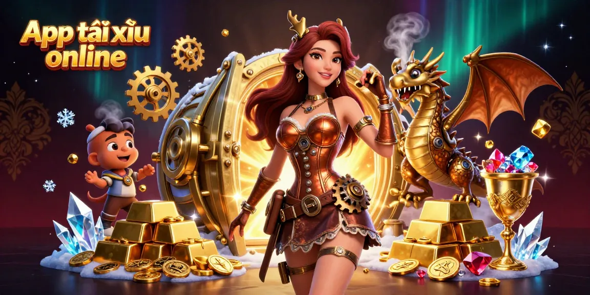 Win big with App tài xỉu online as a stunning woman and clockwork dragon illuminate a treasure vault scene.