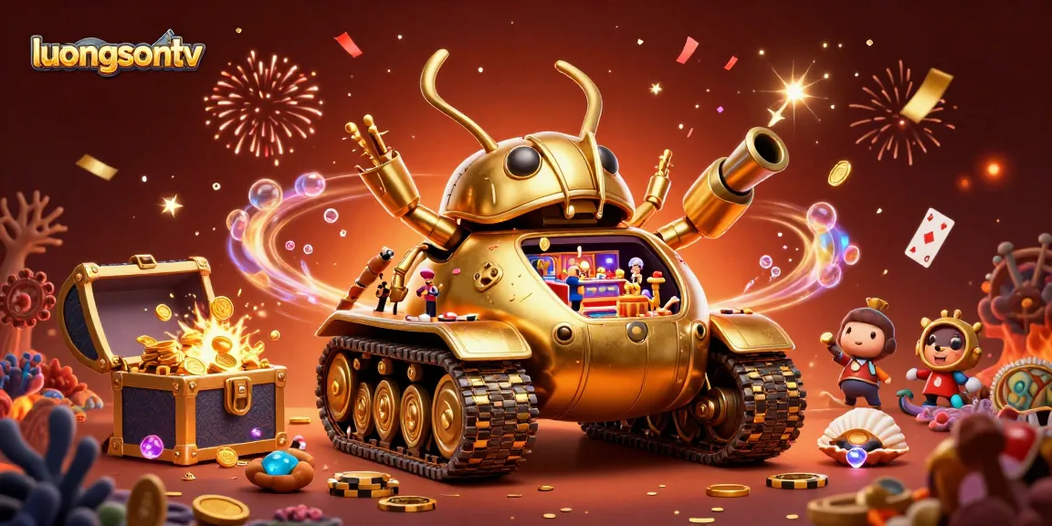 luongsontv celebrates vibrant online casino gaming with a dynamic scene of a golden beetle tank revealing a miniature casino.