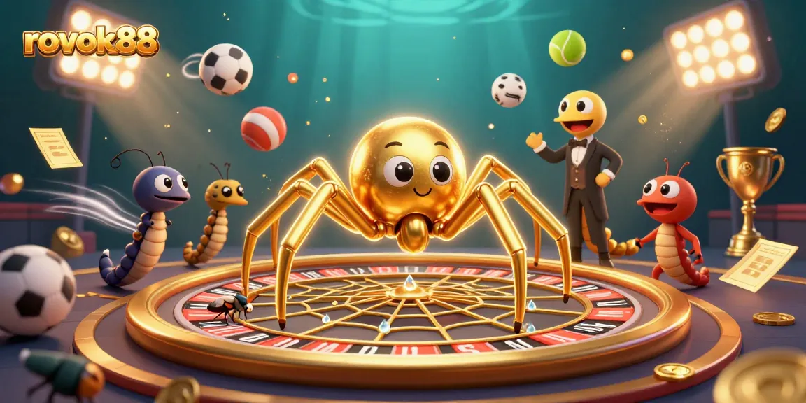 Bet with rokok88 in a vibrant scene featuring a spider croupier and sports elements dynamically sparking excitement.