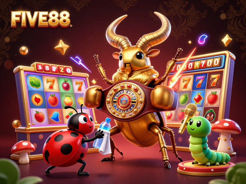 Engage with FIVE88's thrilling golden stag beetle boxing match amidst vibrant casino elements.