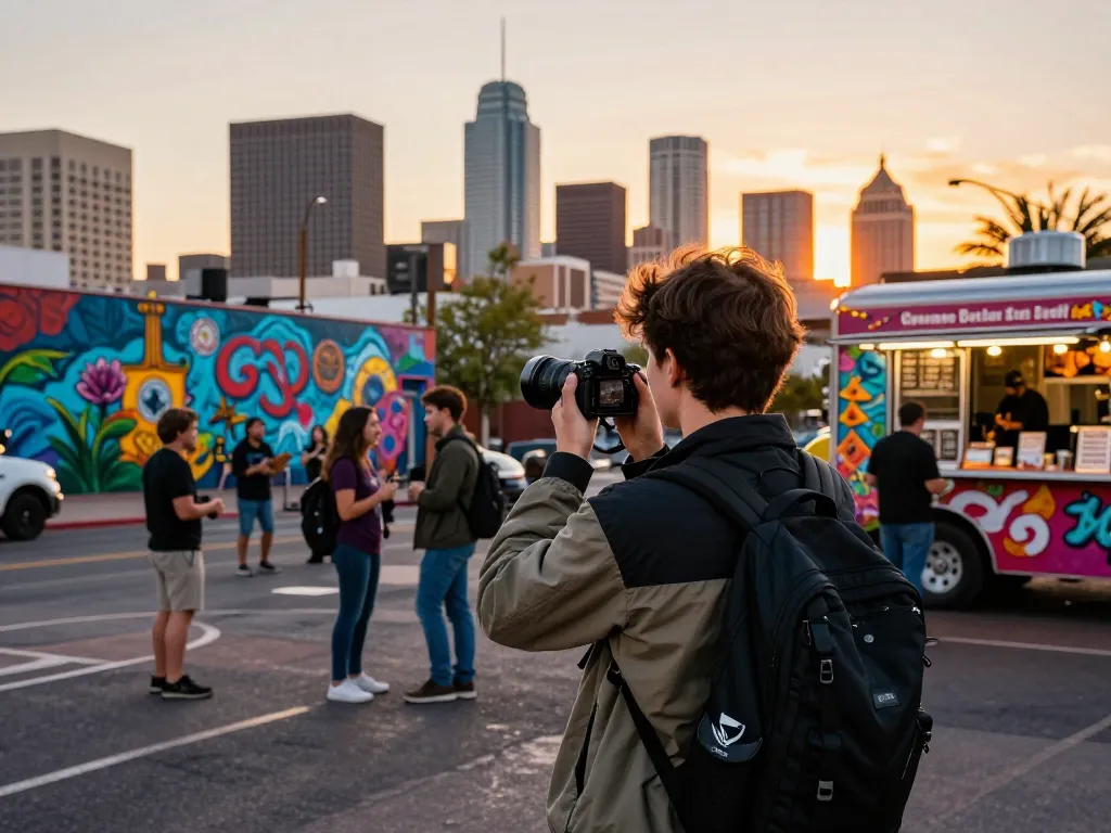 Traveler in a Fly88 jacket capturing Phoenix street art during sunset.