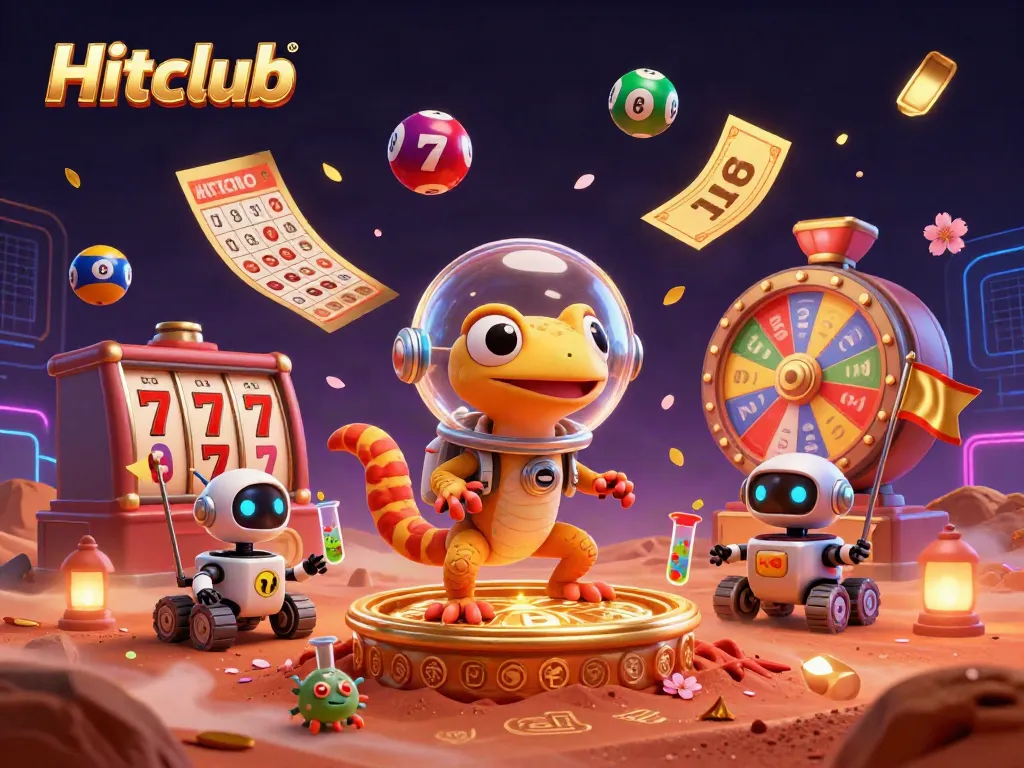 Hitclub showcases an animated Martian gecko exploring a golden casino with vibrant game elements.