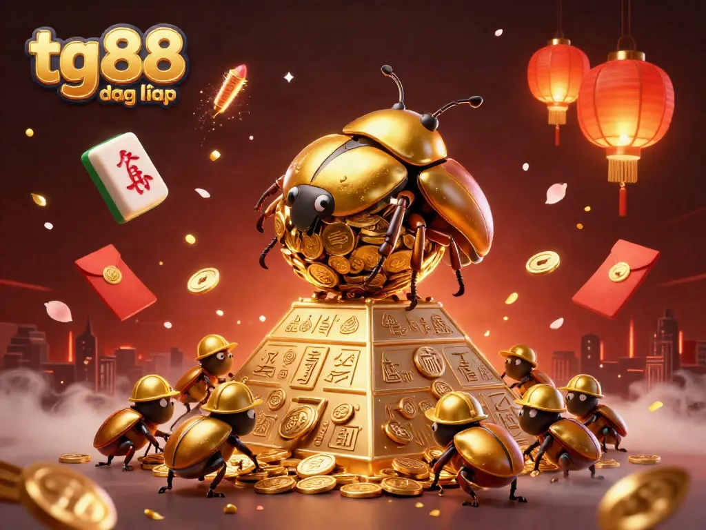 Engage with tg88 đăng nhập amidst a dynamic 3D scene illustrating a golden beetle in a casino-themed pyramid.