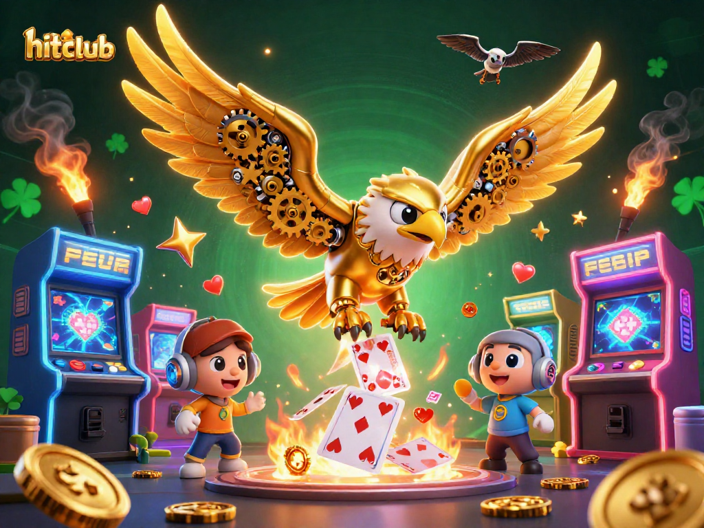 Experience the thrill of hitclub with a vibrant 3D illustration showcasing a golden eagle in a dynamic casino scene.