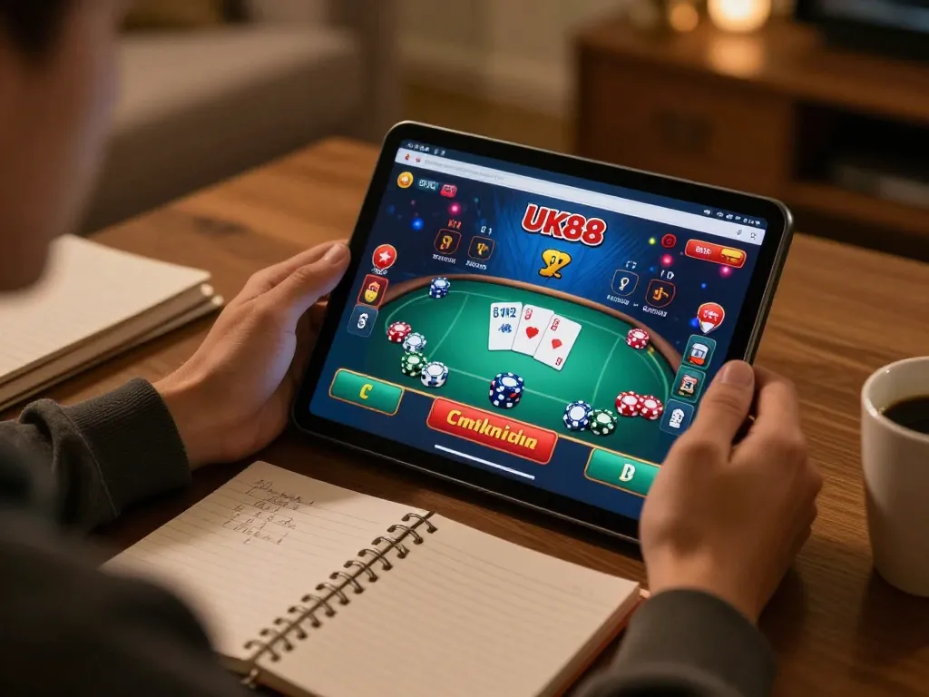 Player strategizing with UK88 casino on tablet, showcasing online gaming action in a cozy atmosphere.