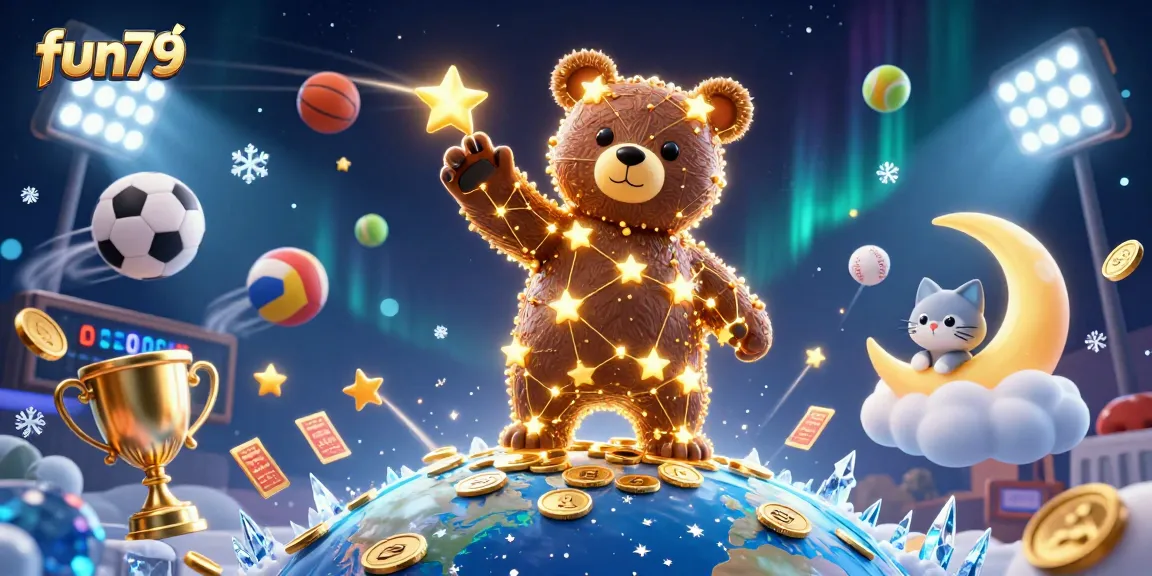 Experience the fun79 adventure with stars and coins amidst exhilarating gaming action in this vibrant scene.