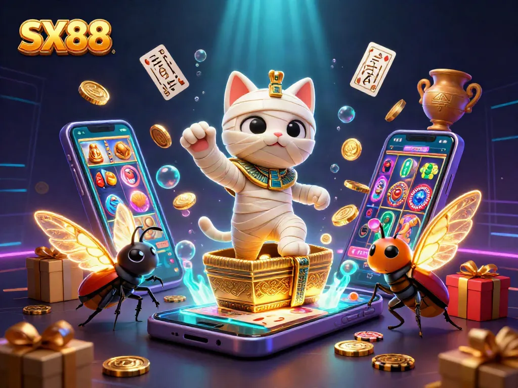 SX88 casino illustration showing an Egyptian mummy cat and a scarab beetle amidst poker chips and slot game elements.