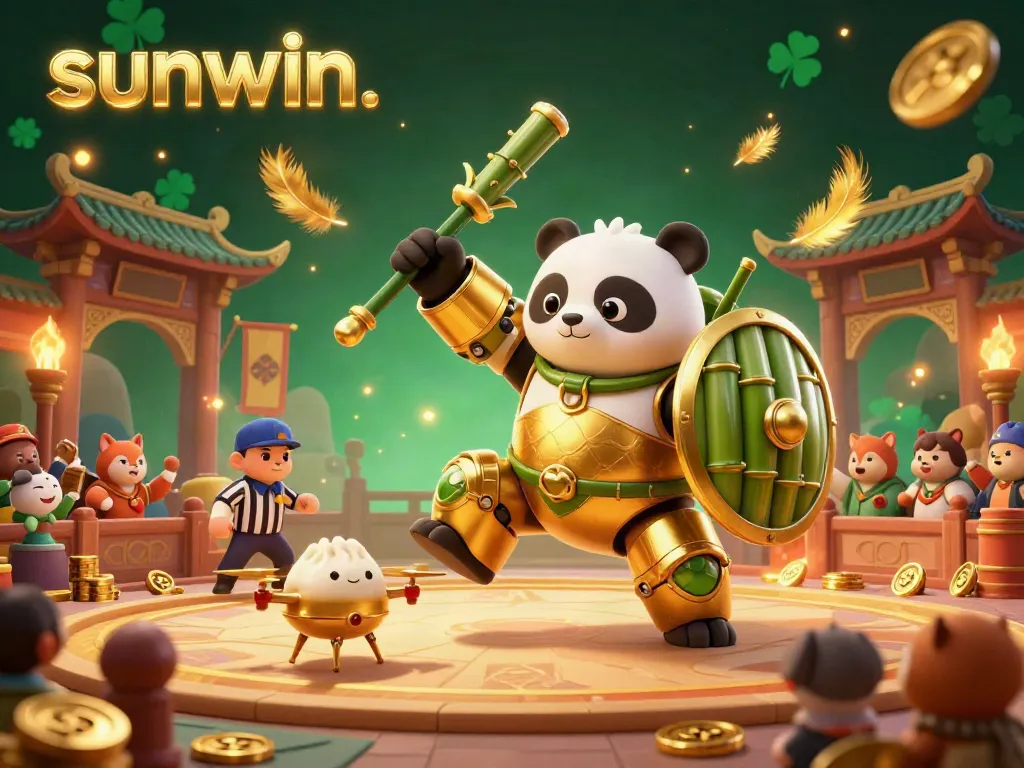 Experience thrilling gameplay with sunwin. as a golden panda pilots a bamboo robot in an action-packed arena.
