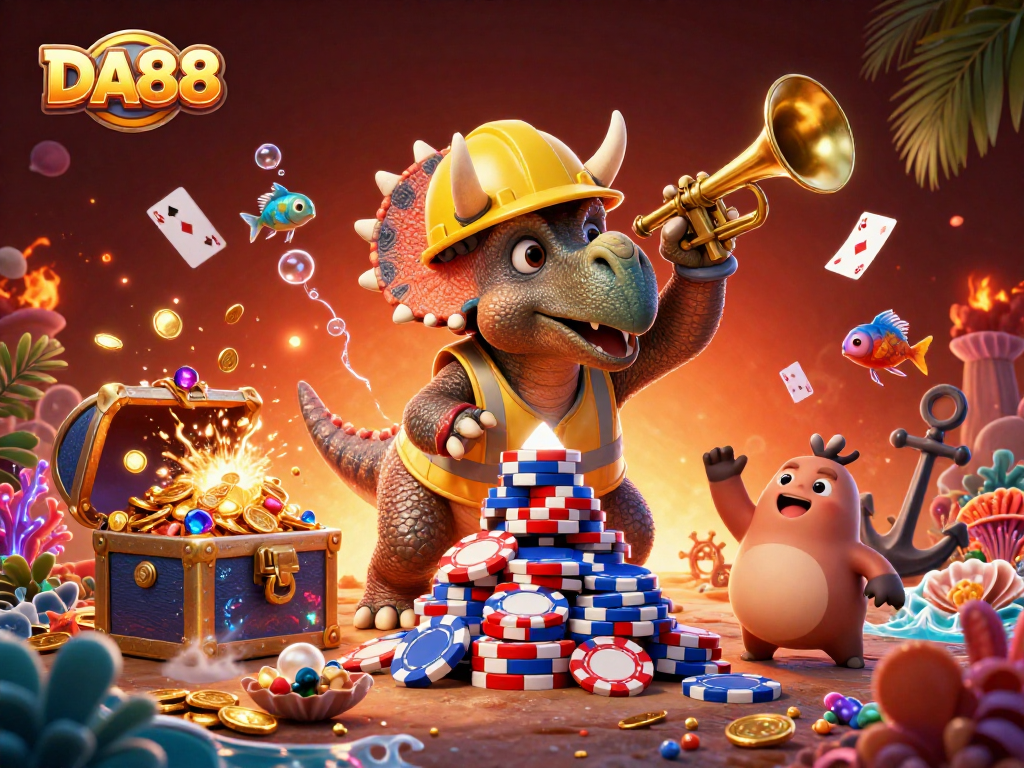 Play for big wins at DA88 with a vibrant 3D illustration showcasing a casino theme filled with excitement and dynamic action.