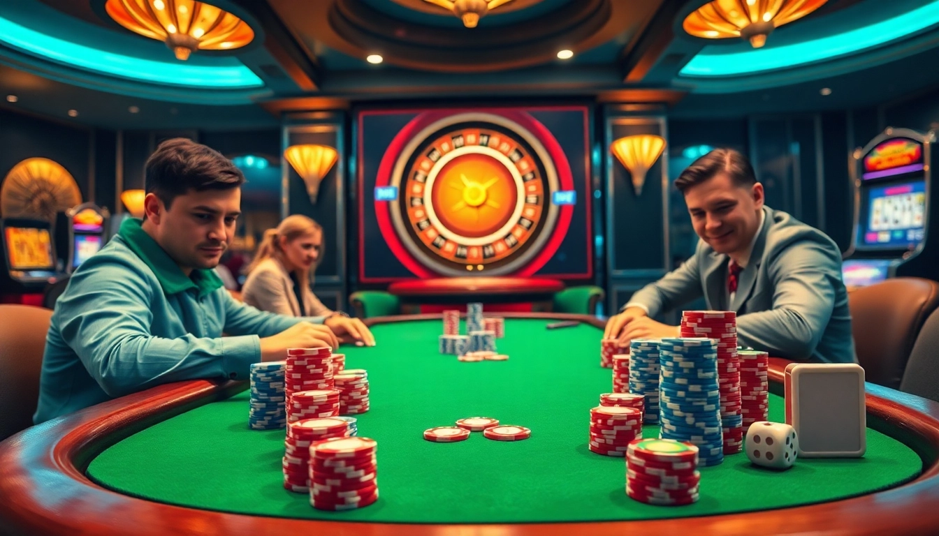 Players strategizing at a poker table in a luxurious casino at https://oxbet7.com/, showcasing vibrant chips and excitement.