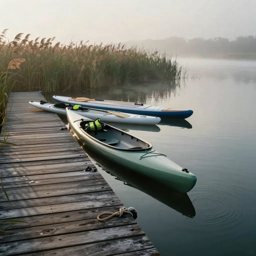 Kano’s, kajak en SUP-boards op een houten steiger in ochtendmist aan rustig water.