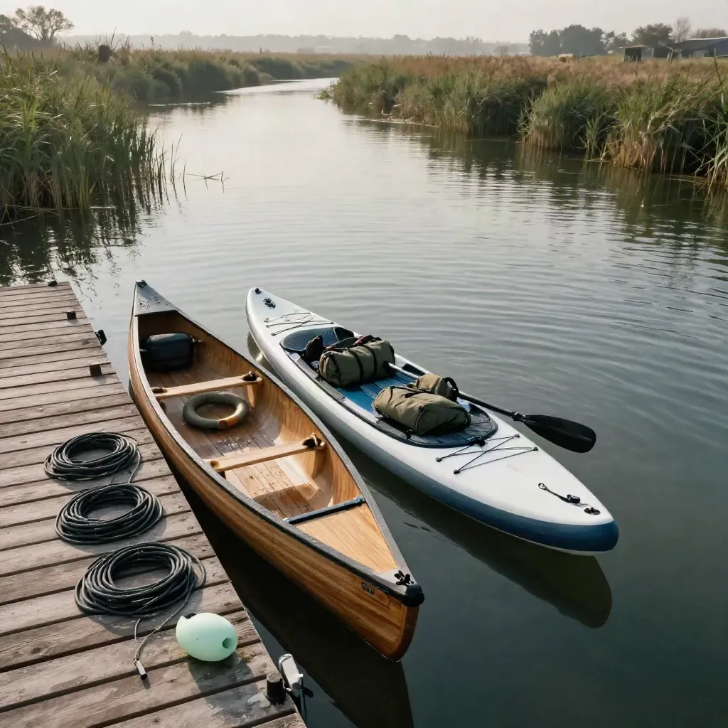 Kano, kajak en SUP klaar aan de steiger voor een rustige begeleide tocht.