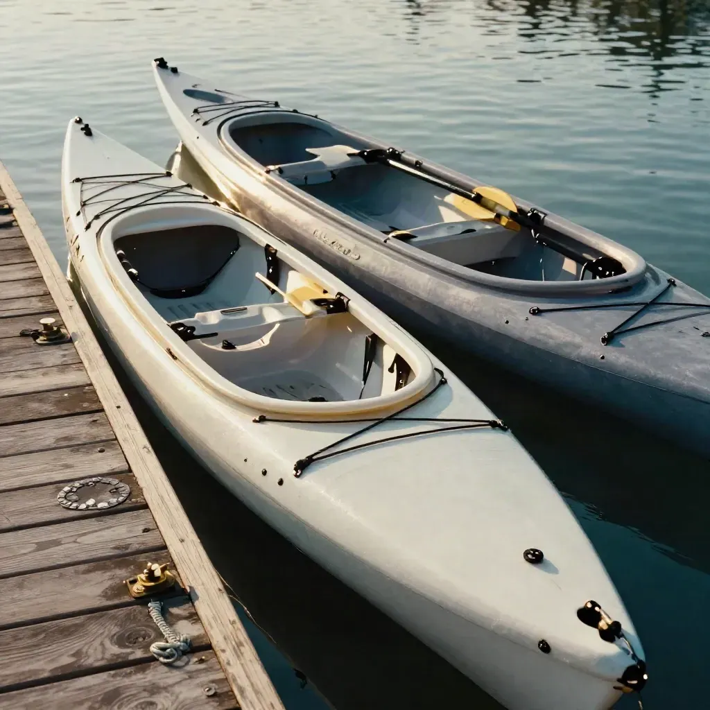 Slanke kajaks en een dubbele kajak langs houten kade, spiegelend in stil binnenwater.