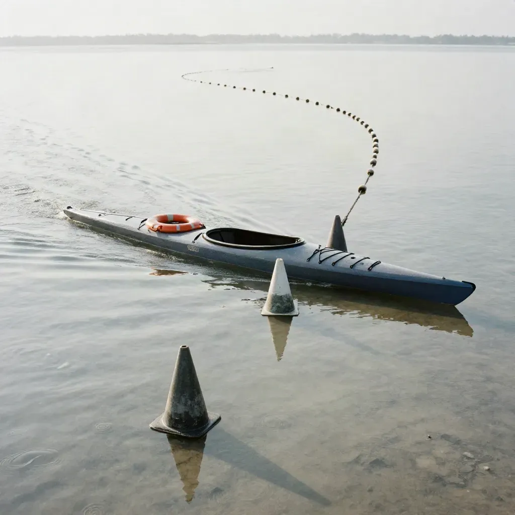 Kajak, kegels en boeien in ondiep water voor een beginnersles.