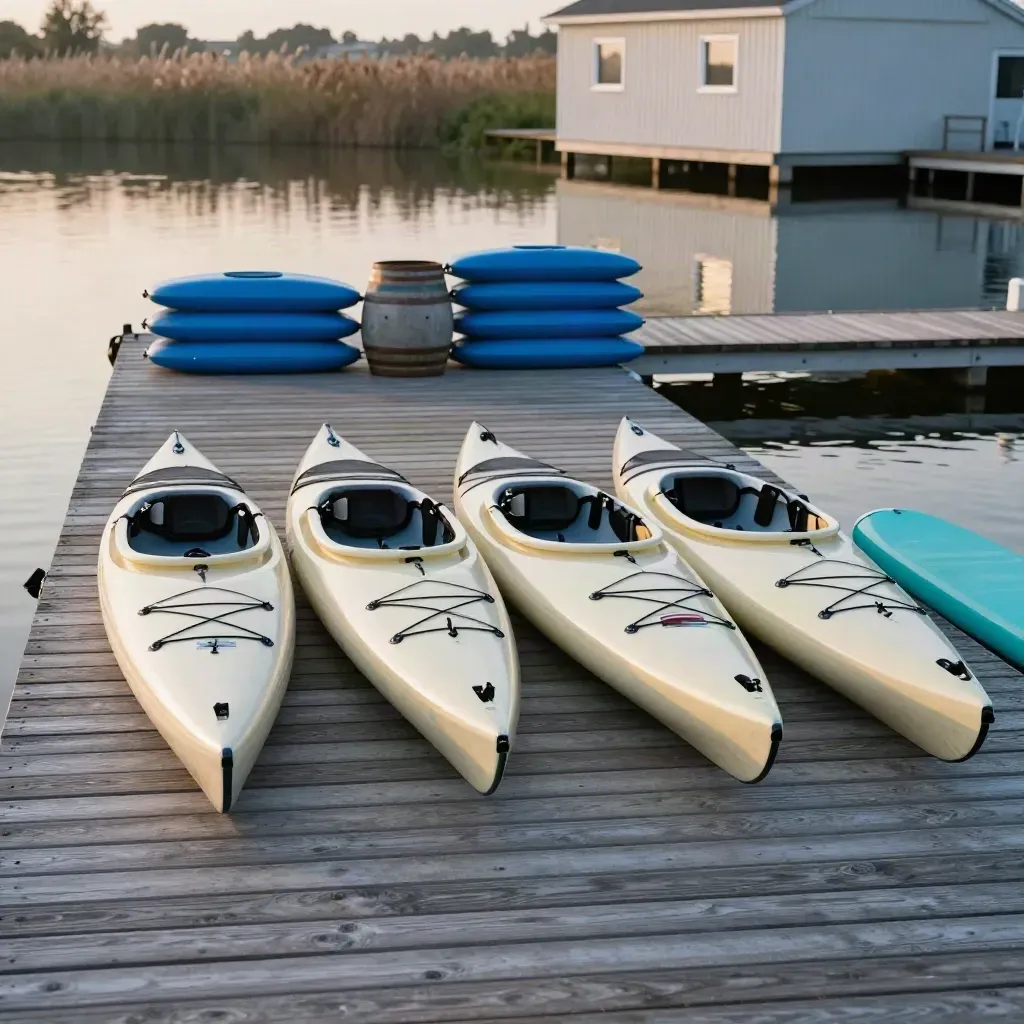 Vier kajaks, twee SUP’s en blauwe boeien langs een houten vlonder op stil meerwater.
