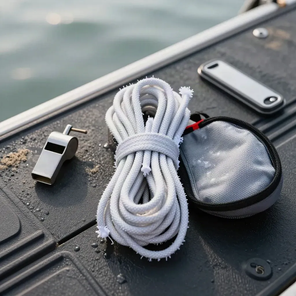Rescuefluitje, throw line en safety pouch op een rubber mat, van boven gefotografeerd.