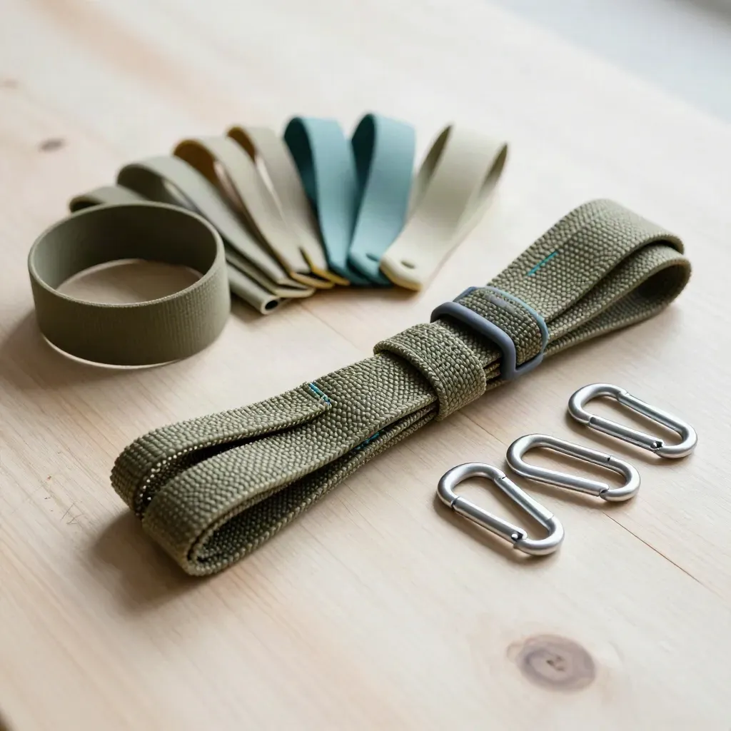 Opgeruimde polsbanden, bootstraps en karabiners op een lichte houten plank.