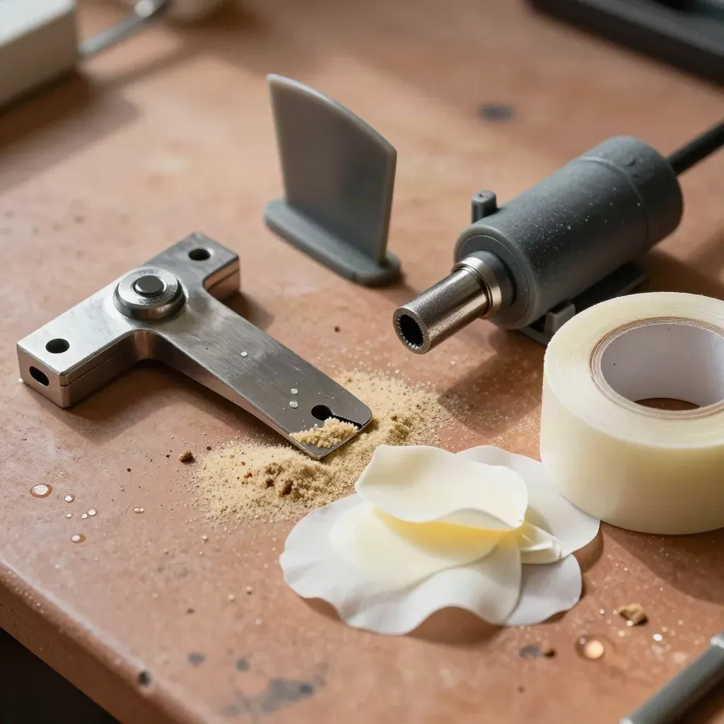 Close-up van onderhoudsset met peddelverbinding, vin, pomp-nozzle, patches en tape op werkbank