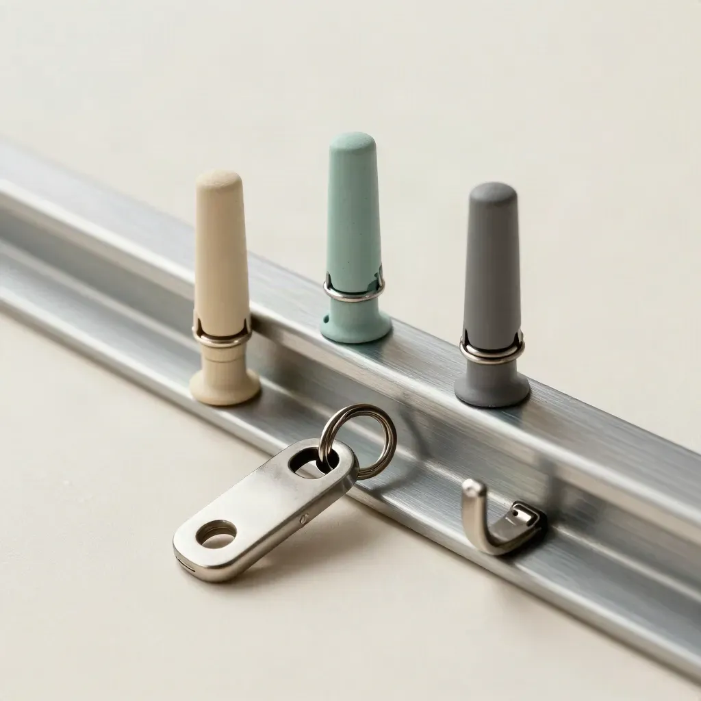 Drie pegs op een metalen planningrail met sleutelhanger en dockhaak op zachte pleister.