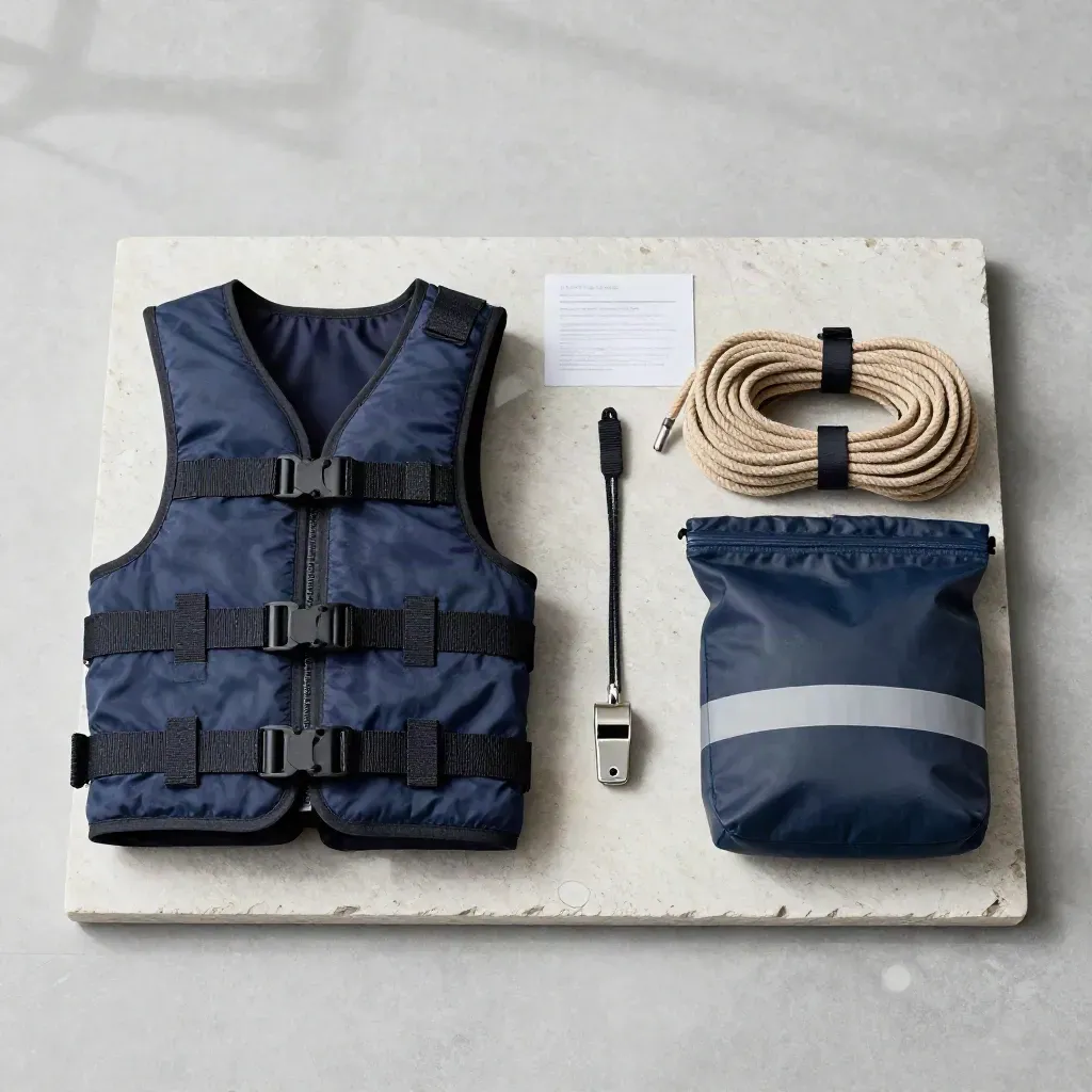 Reddingsvest, opgerolde throw line, fluitje en safety pouch op steen, van boven gefotografeerd.