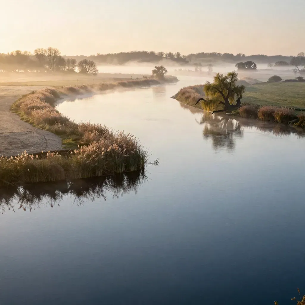 Vechtbocht bij Nieuwersluis met riet, wilgen en zachte avondmist boven stil water.