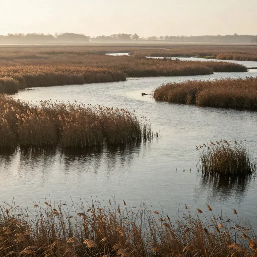 Gouden uur boven de Vinkeveense plassen met rietkragen en smalle legakkers.