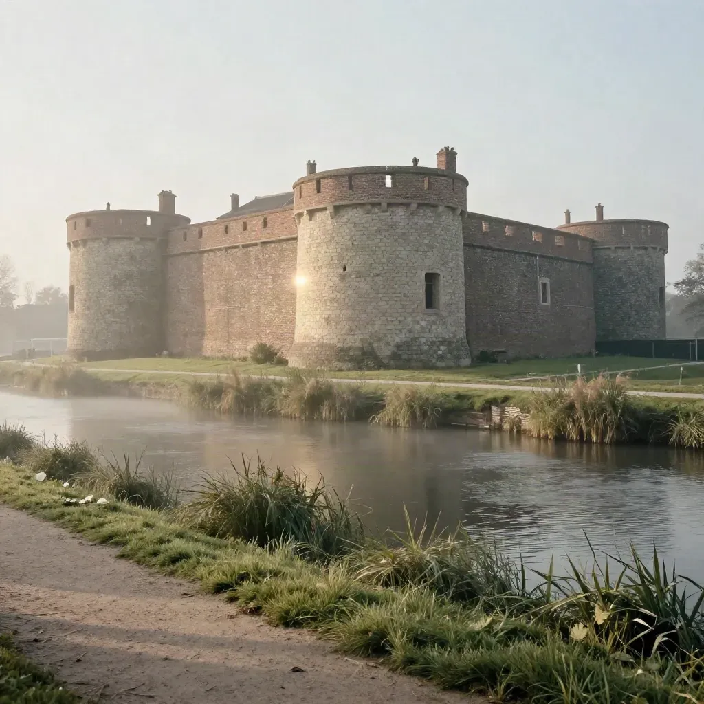 Naarden-Vesting met water, berm en lage vestinglijn in zachte middagwaas