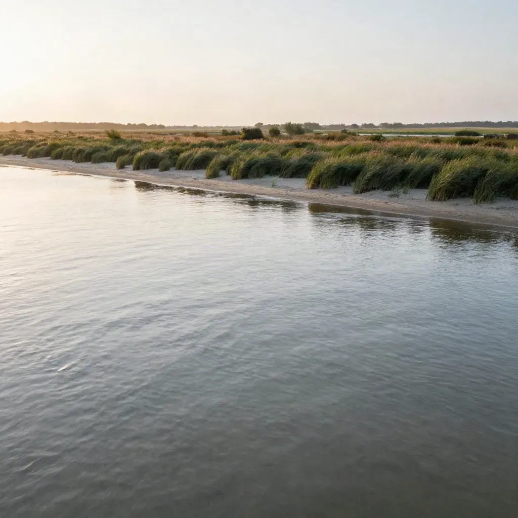 Rustige Randmeren bij avond met hoge dijkrand, riet en open water onder een hoge horizon.