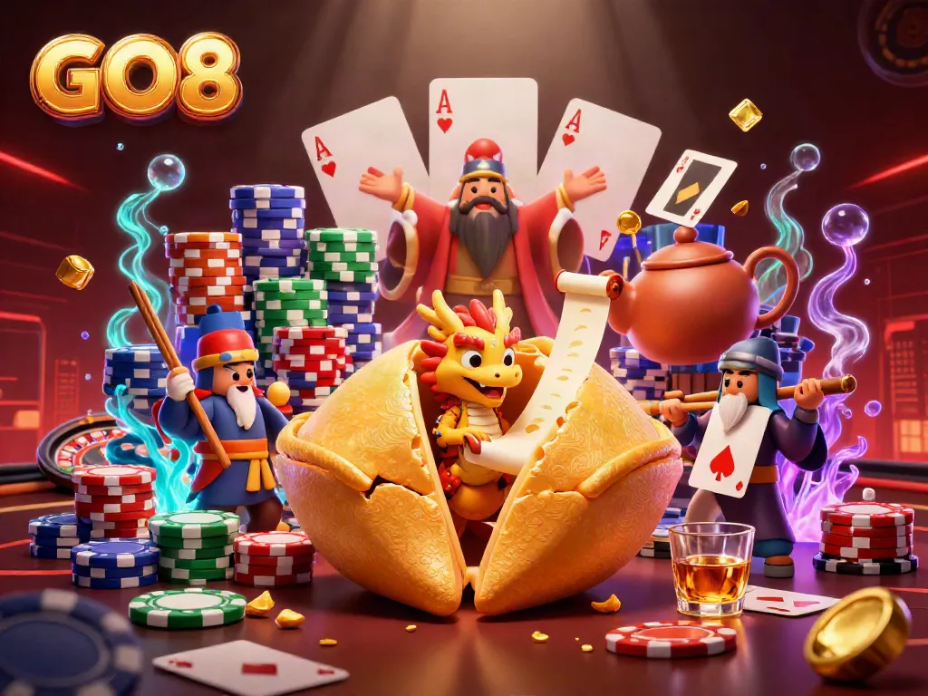 Engage in GO8 casino adventures, featuring a whimsical golden cookie scene with poker elements.