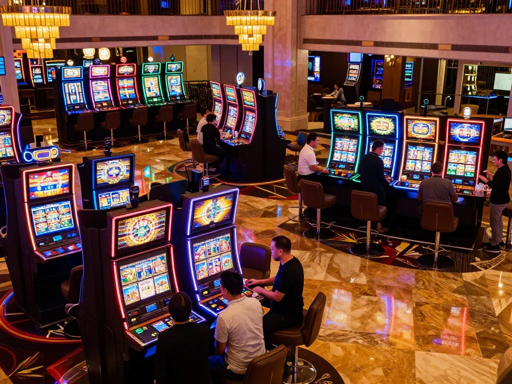 Players enjoying vibrant slot machines at 78win casino, experiencing excitement and thrills