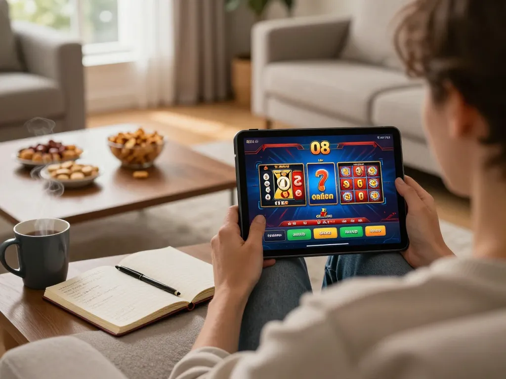 Player enjoying O8 online games on a tablet in a cozy home setup with betting notes.