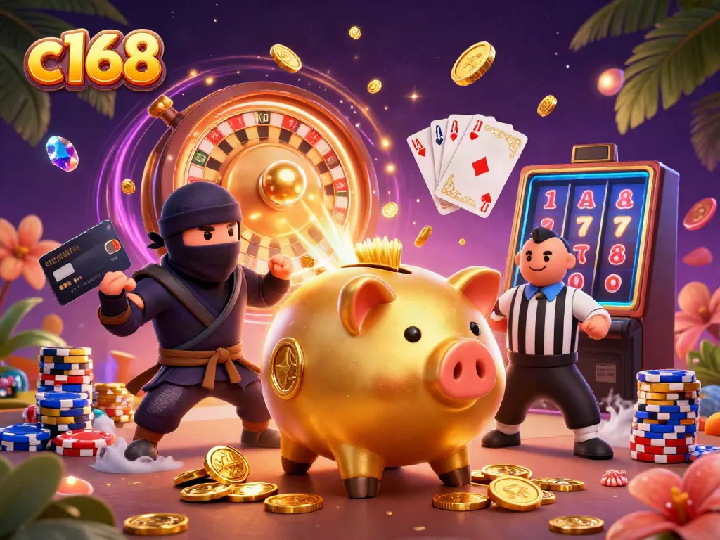 C168 players engage in exciting wins with colorful casino elements featuring golden piggy bank and dynamic gameplay.
