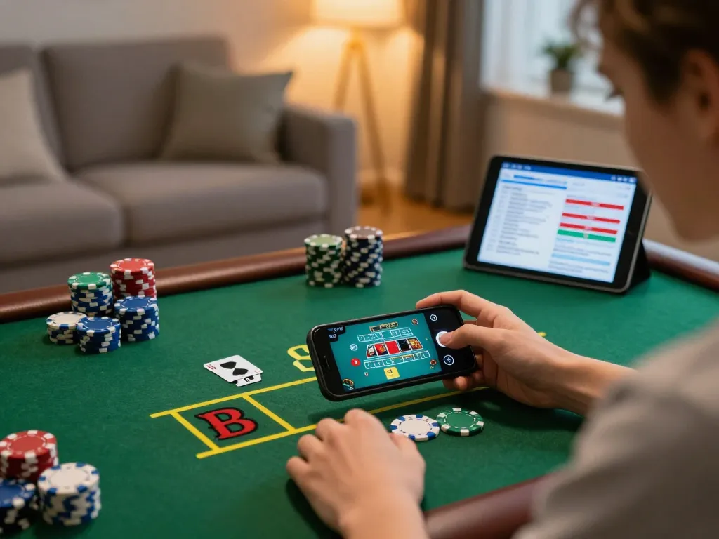 TWIN68 player enjoying an exciting live blackjack game on smartphone in cozy home setting.